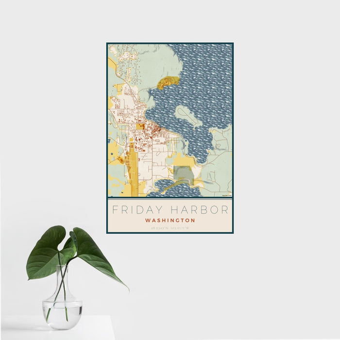 16x24 Friday Harbor Washington Map Print Portrait Orientation in Woodblock Style With Tropical Plant Leaves in Water