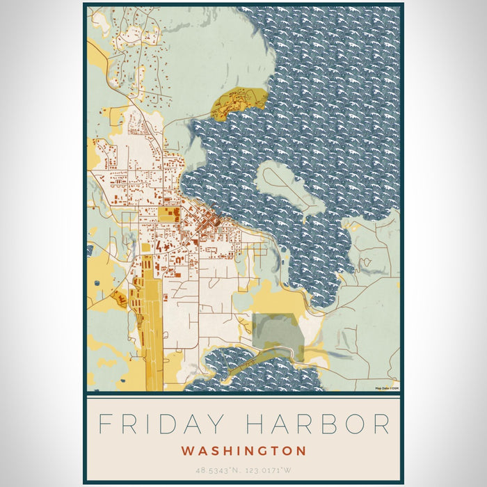 Friday Harbor Washington Map Print Portrait Orientation in Woodblock Style With Shaded Background