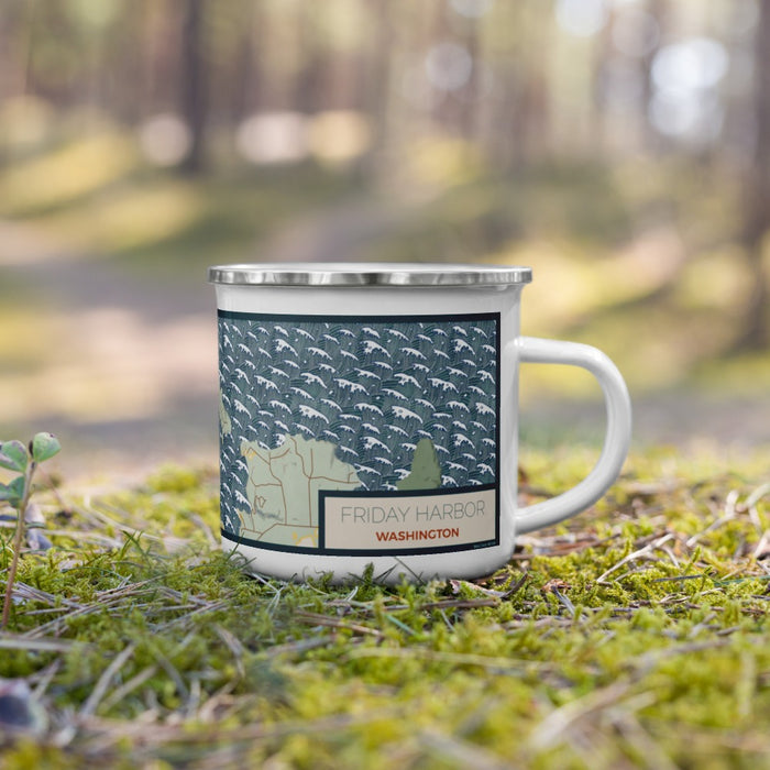 Right View Custom Friday Harbor Washington Map Enamel Mug in Woodblock on Grass With Trees in Background