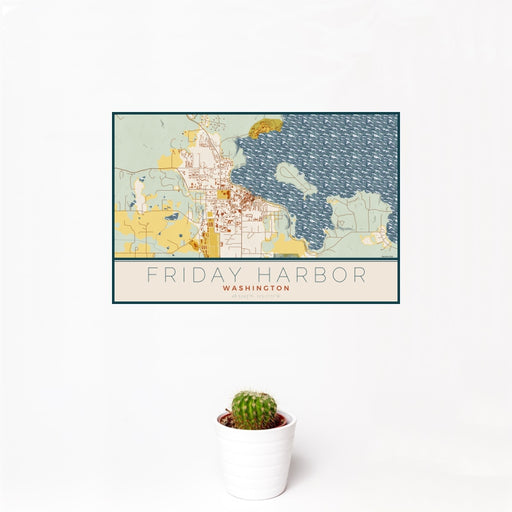12x18 Friday Harbor Washington Map Print Landscape Orientation in Woodblock Style With Small Cactus Plant in White Planter