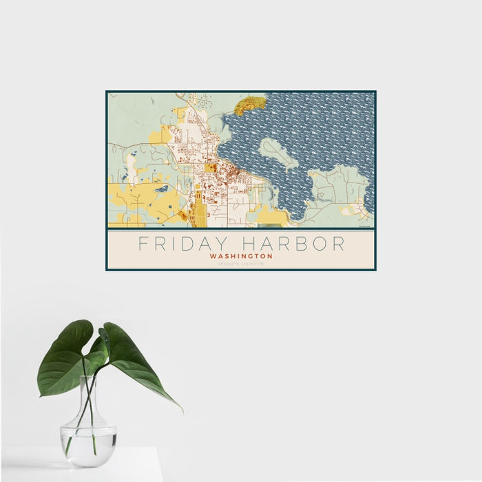 16x24 Friday Harbor Washington Map Print Landscape Orientation in Woodblock Style With Tropical Plant Leaves in Water