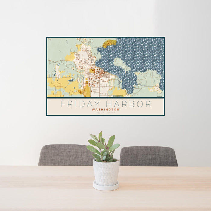 24x36 Friday Harbor Washington Map Print Landscape Orientation in Woodblock Style Behind 2 Chairs Table and Potted Plant