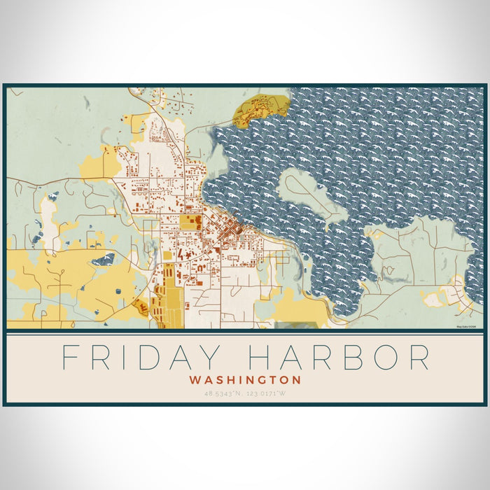 Friday Harbor Washington Map Print Landscape Orientation in Woodblock Style With Shaded Background
