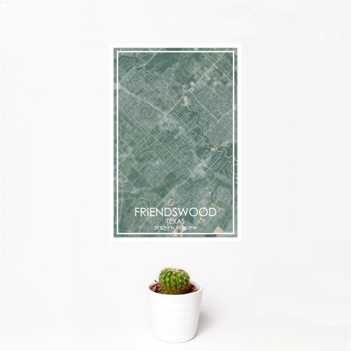 12x18 Friendswood Texas Map Print Portrait Orientation in Afternoon Style With Small Cactus Plant in White Planter