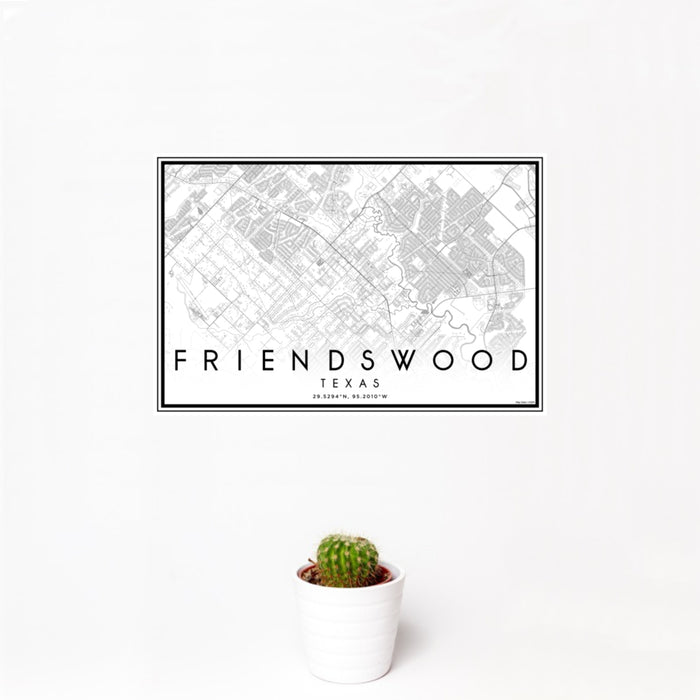 12x18 Friendswood Texas Map Print Landscape Orientation in Classic Style With Small Cactus Plant in White Planter