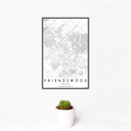 12x18 Friendswood Texas Map Print Portrait Orientation in Classic Style With Small Cactus Plant in White Planter
