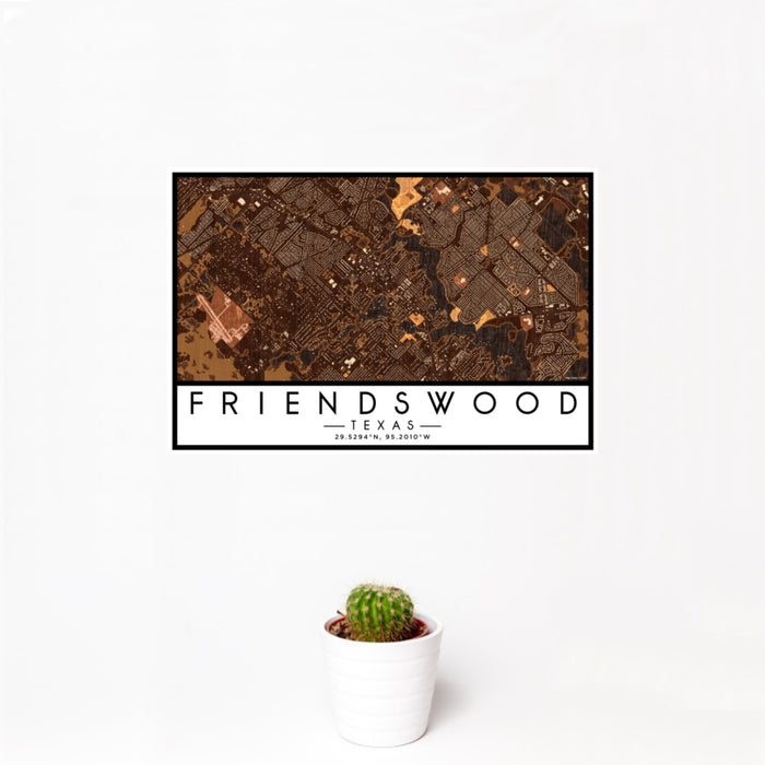 12x18 Friendswood Texas Map Print Landscape Orientation in Ember Style With Small Cactus Plant in White Planter