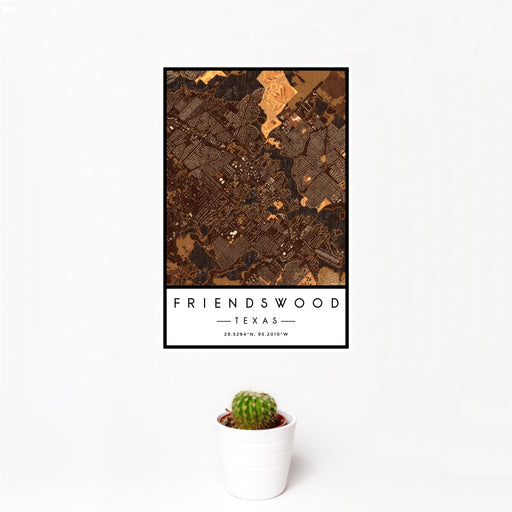 12x18 Friendswood Texas Map Print Portrait Orientation in Ember Style With Small Cactus Plant in White Planter