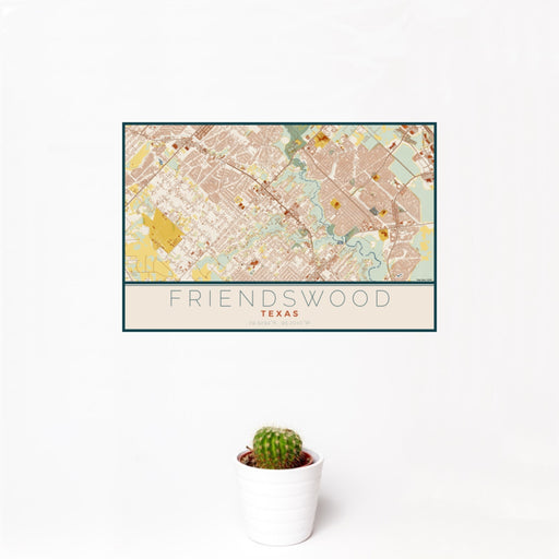 12x18 Friendswood Texas Map Print Landscape Orientation in Woodblock Style With Small Cactus Plant in White Planter
