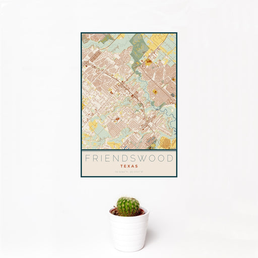 12x18 Friendswood Texas Map Print Portrait Orientation in Woodblock Style With Small Cactus Plant in White Planter