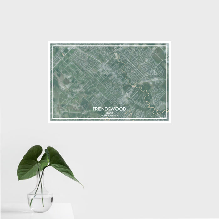 16x24 Friendswood Texas Map Print Landscape Orientation in Afternoon Style With Tropical Plant Leaves in Water