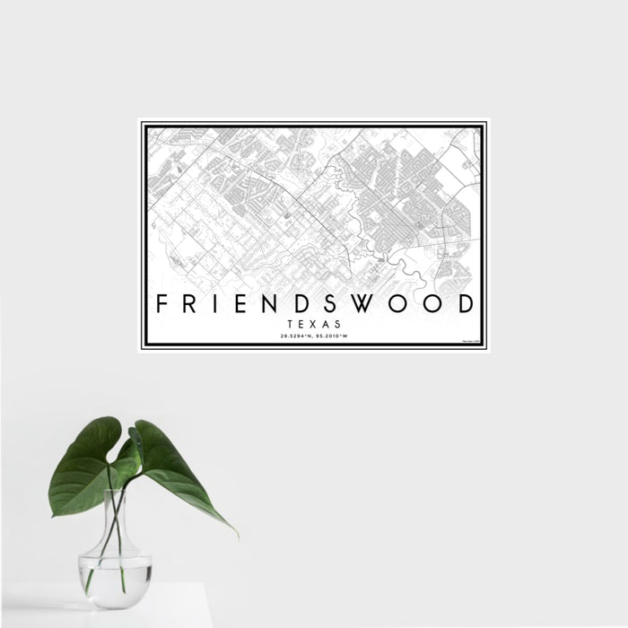 16x24 Friendswood Texas Map Print Landscape Orientation in Classic Style With Tropical Plant Leaves in Water