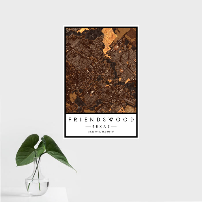 16x24 Friendswood Texas Map Print Portrait Orientation in Ember Style With Tropical Plant Leaves in Water