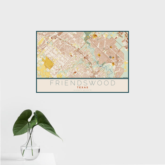 16x24 Friendswood Texas Map Print Landscape Orientation in Woodblock Style With Tropical Plant Leaves in Water