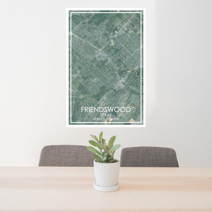 24x36 Friendswood Texas Map Print Portrait Orientation in Afternoon Style Behind 2 Chairs Table and Potted Plant