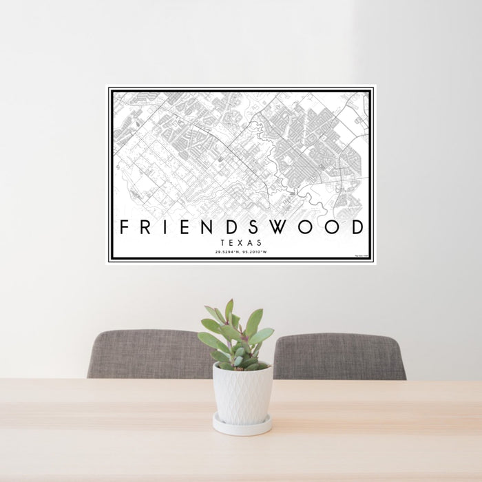 24x36 Friendswood Texas Map Print Lanscape Orientation in Classic Style Behind 2 Chairs Table and Potted Plant