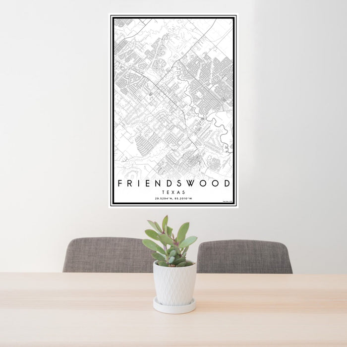 24x36 Friendswood Texas Map Print Portrait Orientation in Classic Style Behind 2 Chairs Table and Potted Plant