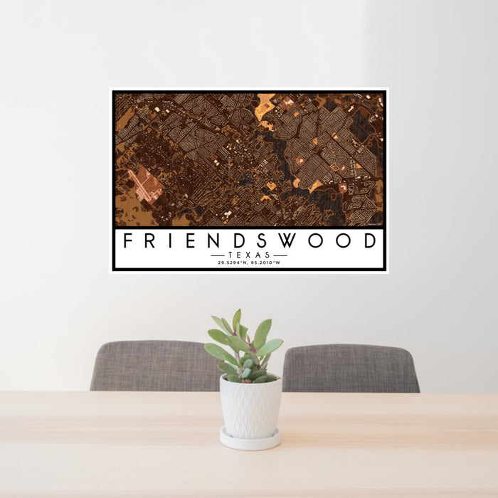 24x36 Friendswood Texas Map Print Lanscape Orientation in Ember Style Behind 2 Chairs Table and Potted Plant