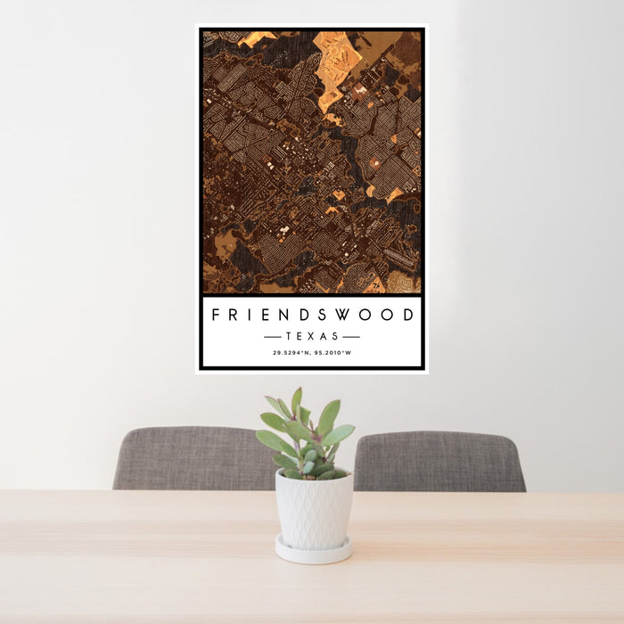 24x36 Friendswood Texas Map Print Portrait Orientation in Ember Style Behind 2 Chairs Table and Potted Plant