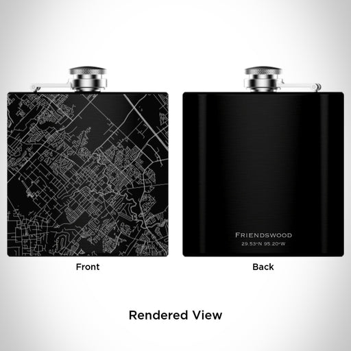 Rendered View of Friendswood Texas Map Engraving on 6oz Stainless Steel Flask in Black