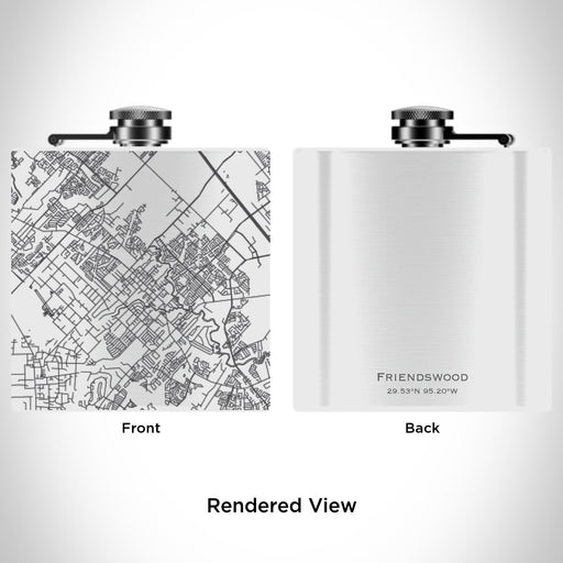Rendered View of Friendswood Texas Map Engraving on 6oz Stainless Steel Flask in White