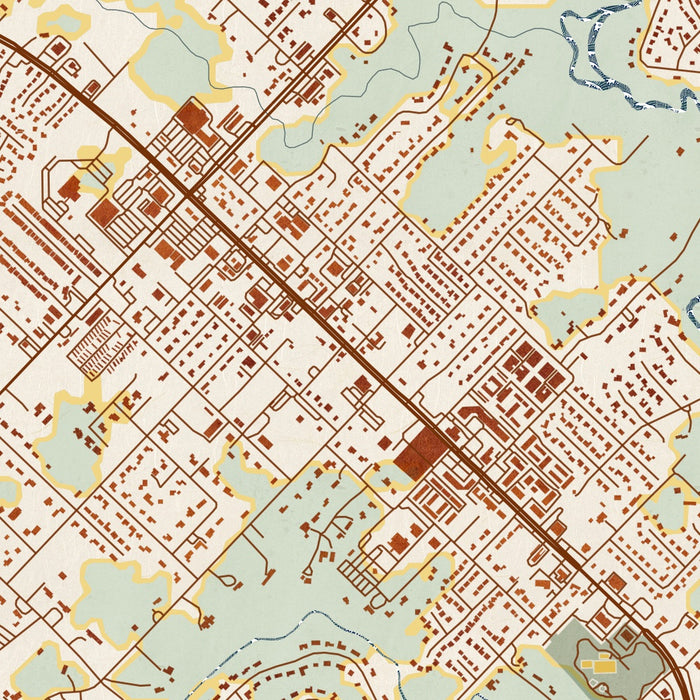 Friendswood Texas Map Print in Woodblock Style Zoomed In Close Up Showing Details