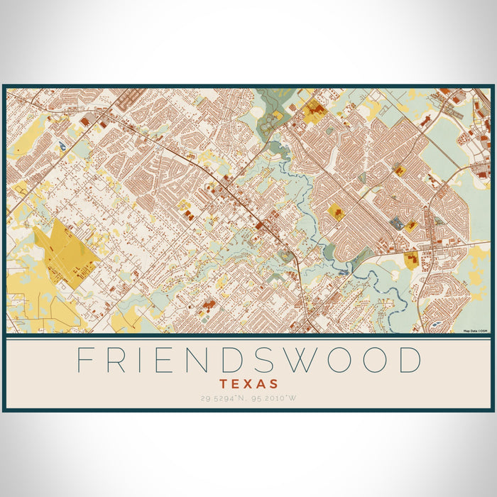 Friendswood Texas Map Print Landscape Orientation in Woodblock Style With Shaded Background