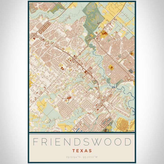 Friendswood Texas Map Print Portrait Orientation in Woodblock Style With Shaded Background