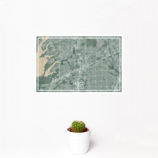 12x18 Frisco Texas Map Print Landscape Orientation in Afternoon Style With Small Cactus Plant in White Planter