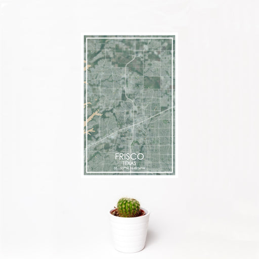 12x18 Frisco Texas Map Print Portrait Orientation in Afternoon Style With Small Cactus Plant in White Planter