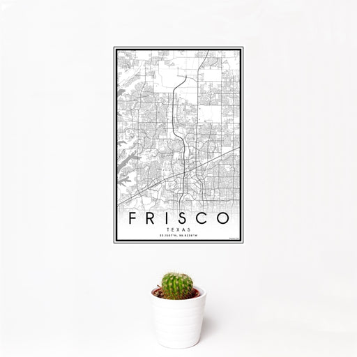 12x18 Frisco Texas Map Print Portrait Orientation in Classic Style With Small Cactus Plant in White Planter