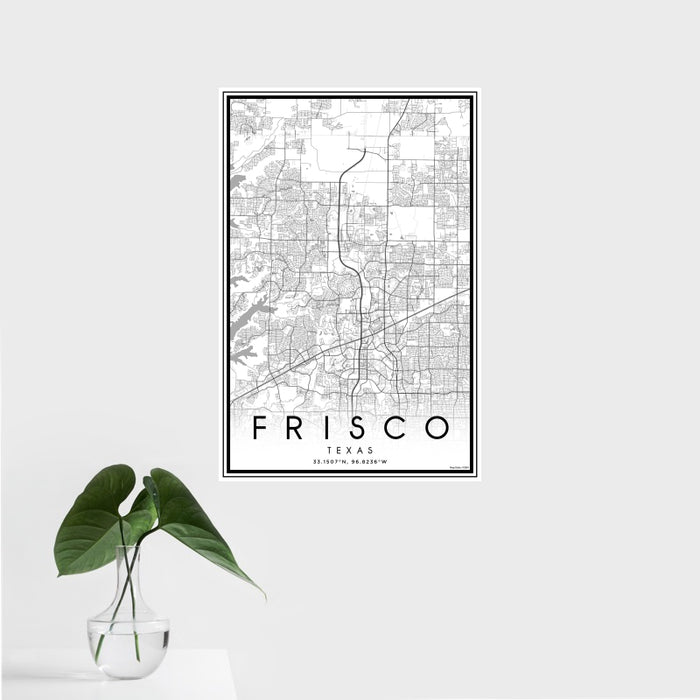 16x24 Frisco Texas Map Print Portrait Orientation in Classic Style With Tropical Plant Leaves in Water