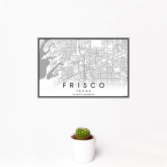 12x18 Frisco Texas Map Print Landscape Orientation in Classic Style With Small Cactus Plant in White Planter