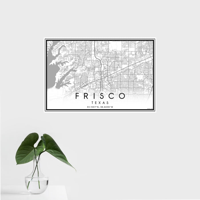 16x24 Frisco Texas Map Print Landscape Orientation in Classic Style With Tropical Plant Leaves in Water