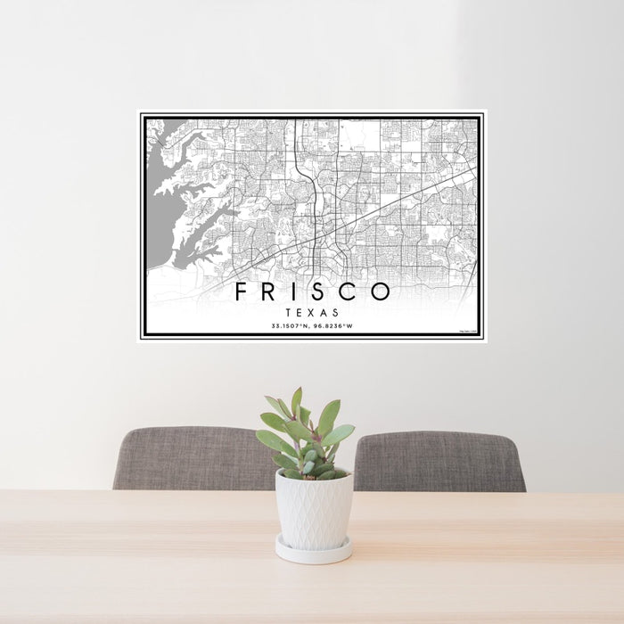 24x36 Frisco Texas Map Print Landscape Orientation in Classic Style Behind 2 Chairs Table and Potted Plant