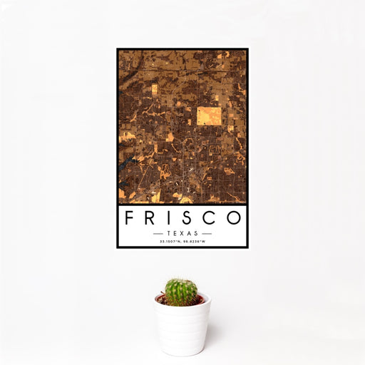 12x18 Frisco Texas Map Print Portrait Orientation in Ember Style With Small Cactus Plant in White Planter