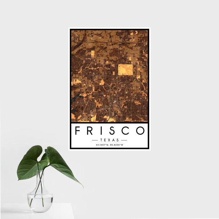 16x24 Frisco Texas Map Print Portrait Orientation in Ember Style With Tropical Plant Leaves in Water