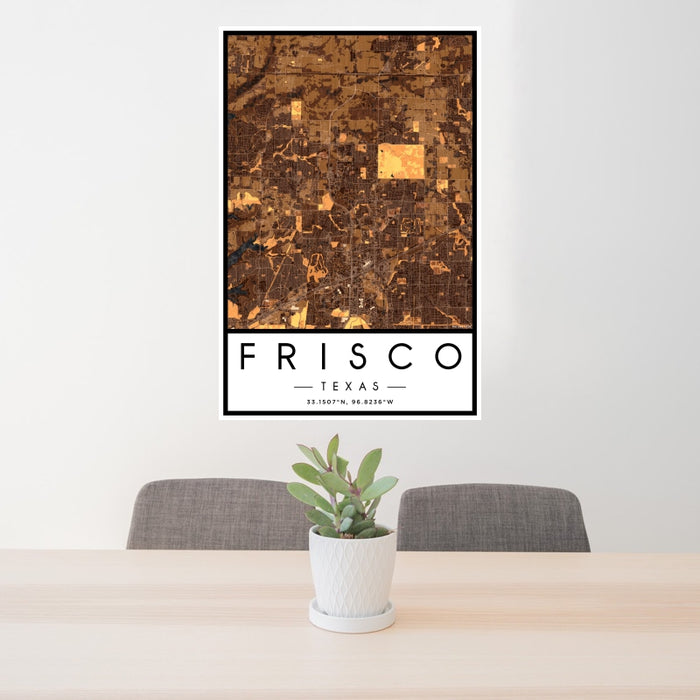 24x36 Frisco Texas Map Print Portrait Orientation in Ember Style Behind 2 Chairs Table and Potted Plant
