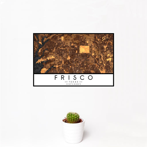 12x18 Frisco Texas Map Print Landscape Orientation in Ember Style With Small Cactus Plant in White Planter