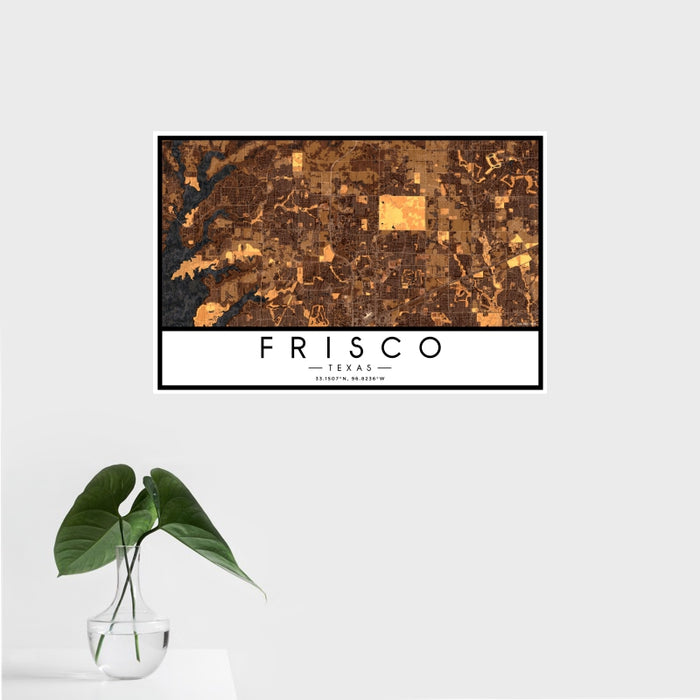 16x24 Frisco Texas Map Print Landscape Orientation in Ember Style With Tropical Plant Leaves in Water