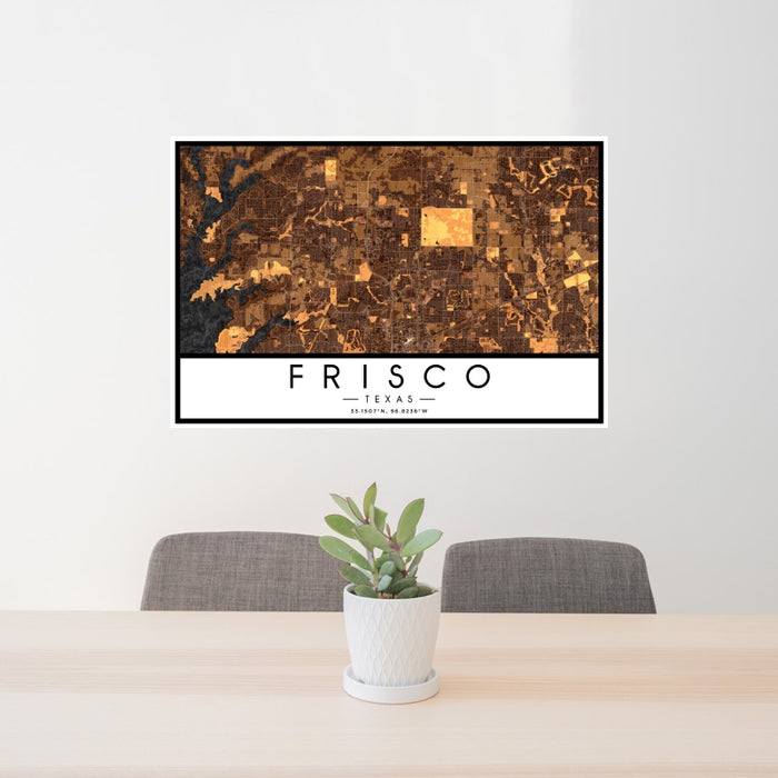 24x36 Frisco Texas Map Print Landscape Orientation in Ember Style Behind 2 Chairs Table and Potted Plant