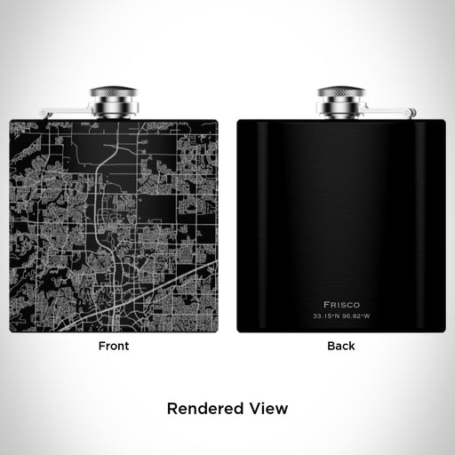 Rendered View of Frisco Texas Map Engraving on 6oz Stainless Steel Flask in Black