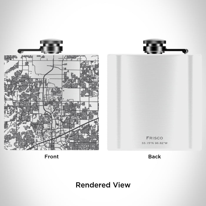 Rendered View of Frisco Texas Map Engraving on 6oz Stainless Steel Flask in White