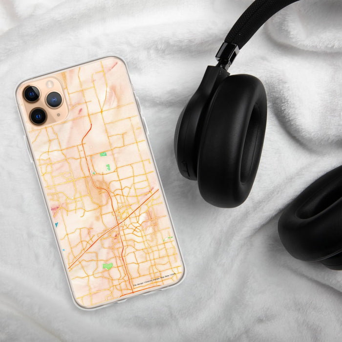 Custom Frisco Texas Map Phone Case in Watercolor on Table with Black Headphones