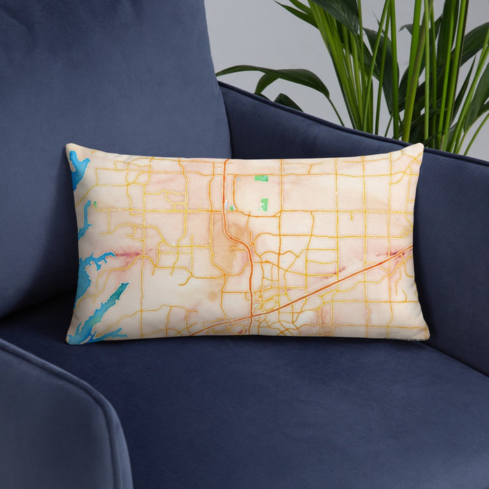 Custom Frisco Texas Map Throw Pillow in Watercolor on Blue Colored Chair