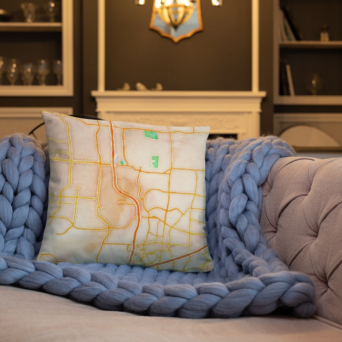 Custom Frisco Texas Map Throw Pillow in Watercolor on Cream Colored Couch
