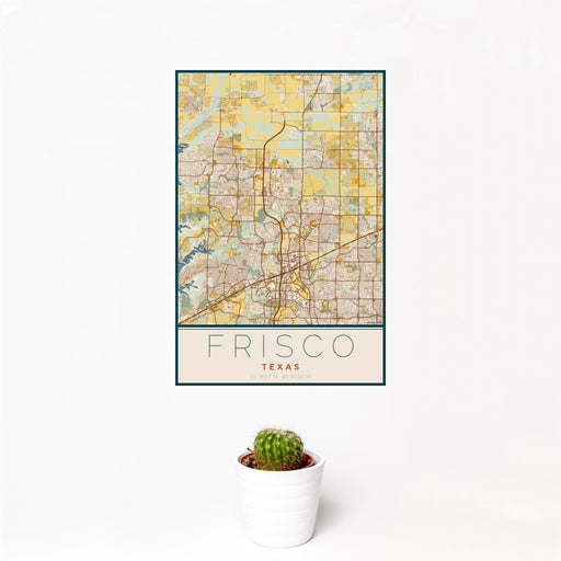 12x18 Frisco Texas Map Print Portrait Orientation in Woodblock Style With Small Cactus Plant in White Planter