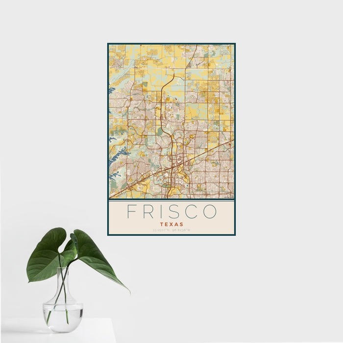 16x24 Frisco Texas Map Print Portrait Orientation in Woodblock Style With Tropical Plant Leaves in Water