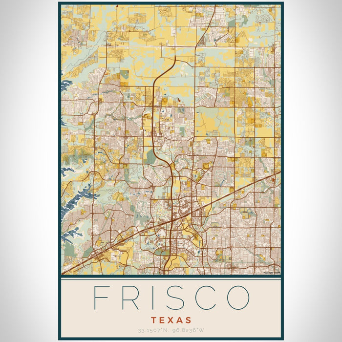 Frisco Texas Map Print Portrait Orientation in Woodblock Style With Shaded Background
