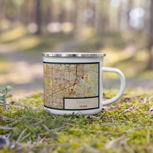 Right View Custom Frisco Texas Map Enamel Mug in Woodblock on Grass With Trees in Background